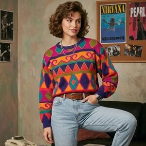 IB Diffusion Vintage 80s 90s Multicolor Geo Print Knit Pullover Sweater sz M